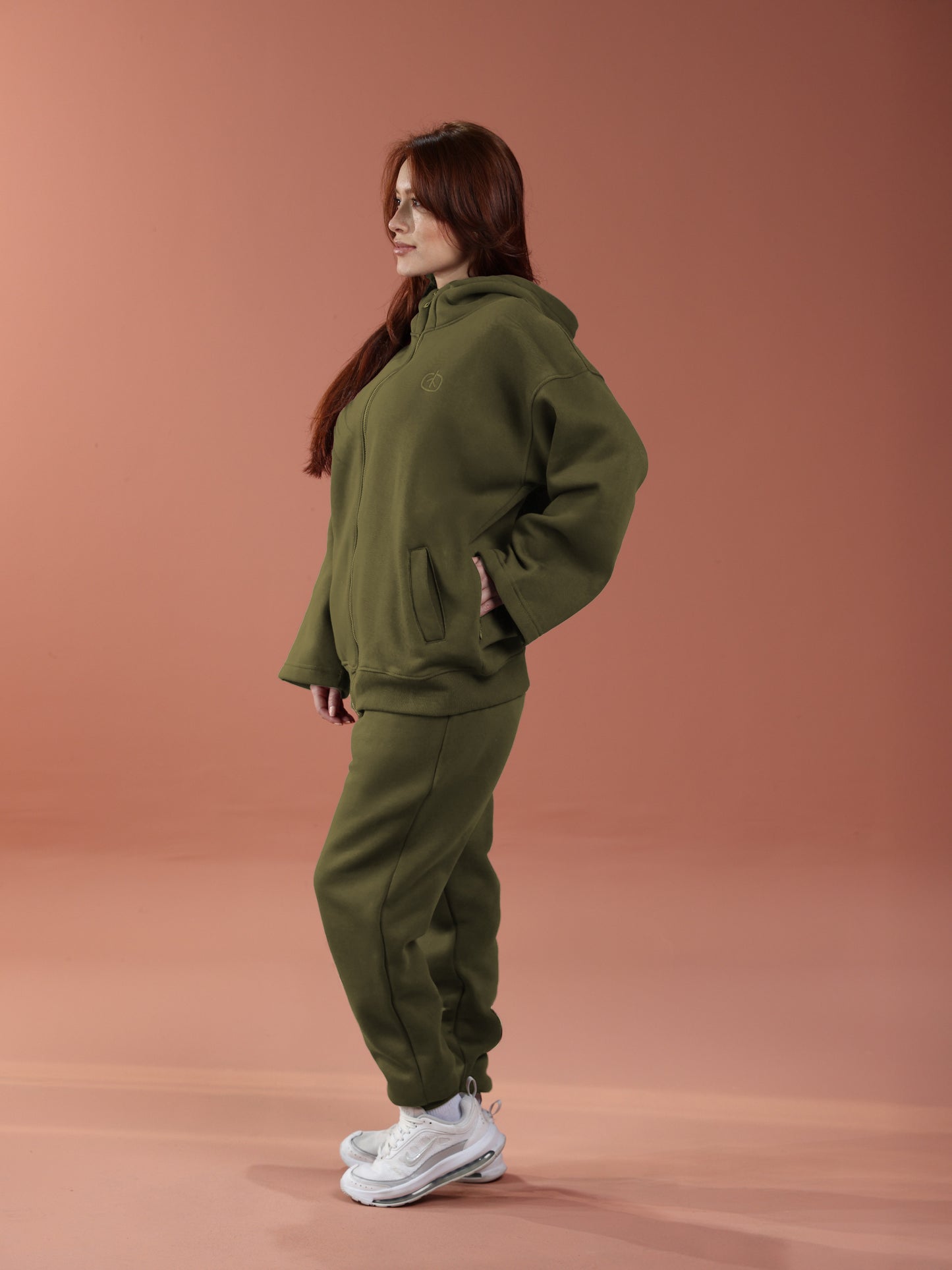 Oversized Zip Up Hoodie - Women Olive Green