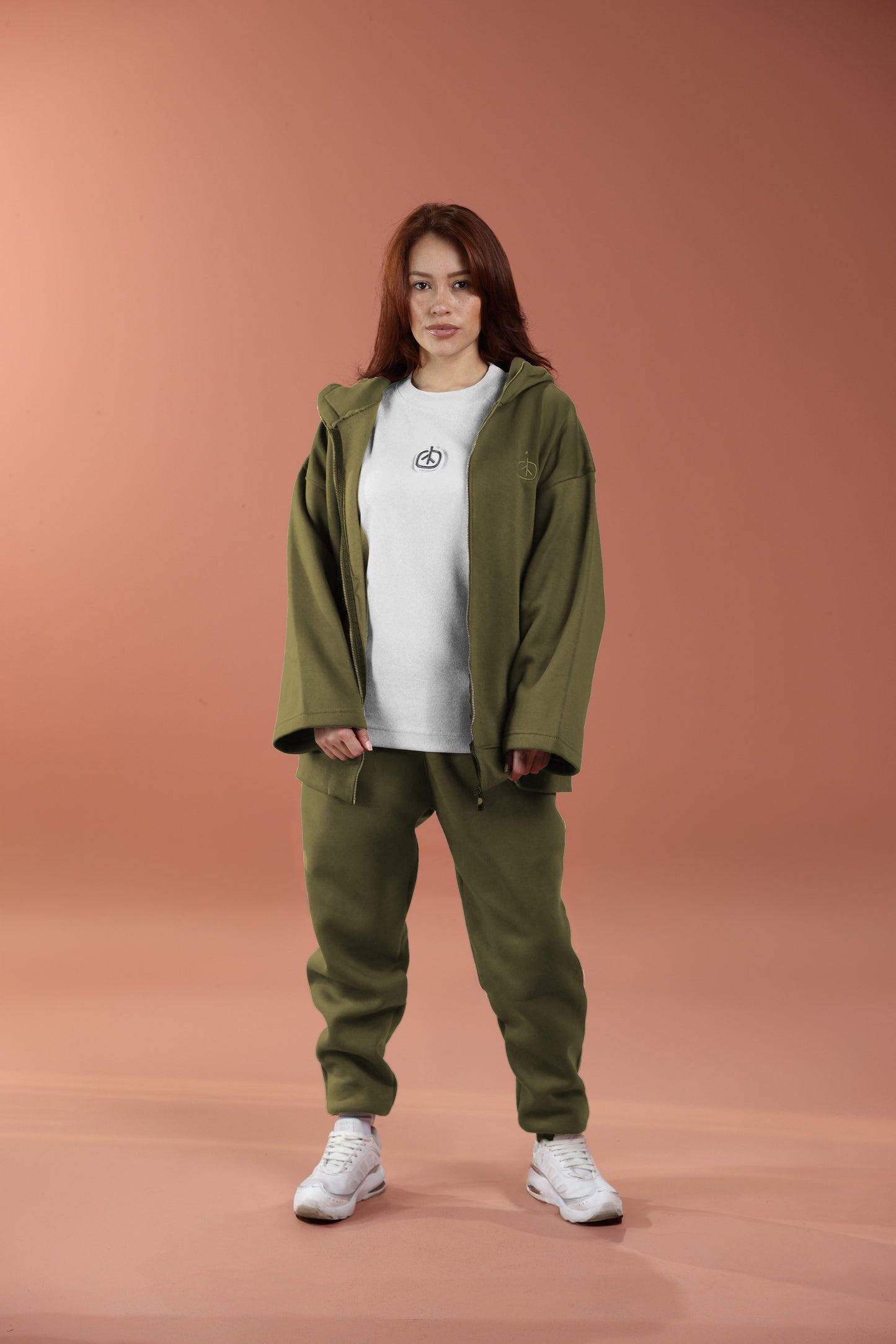 Oversized Zip Up Hoodie - Women Olive Green
