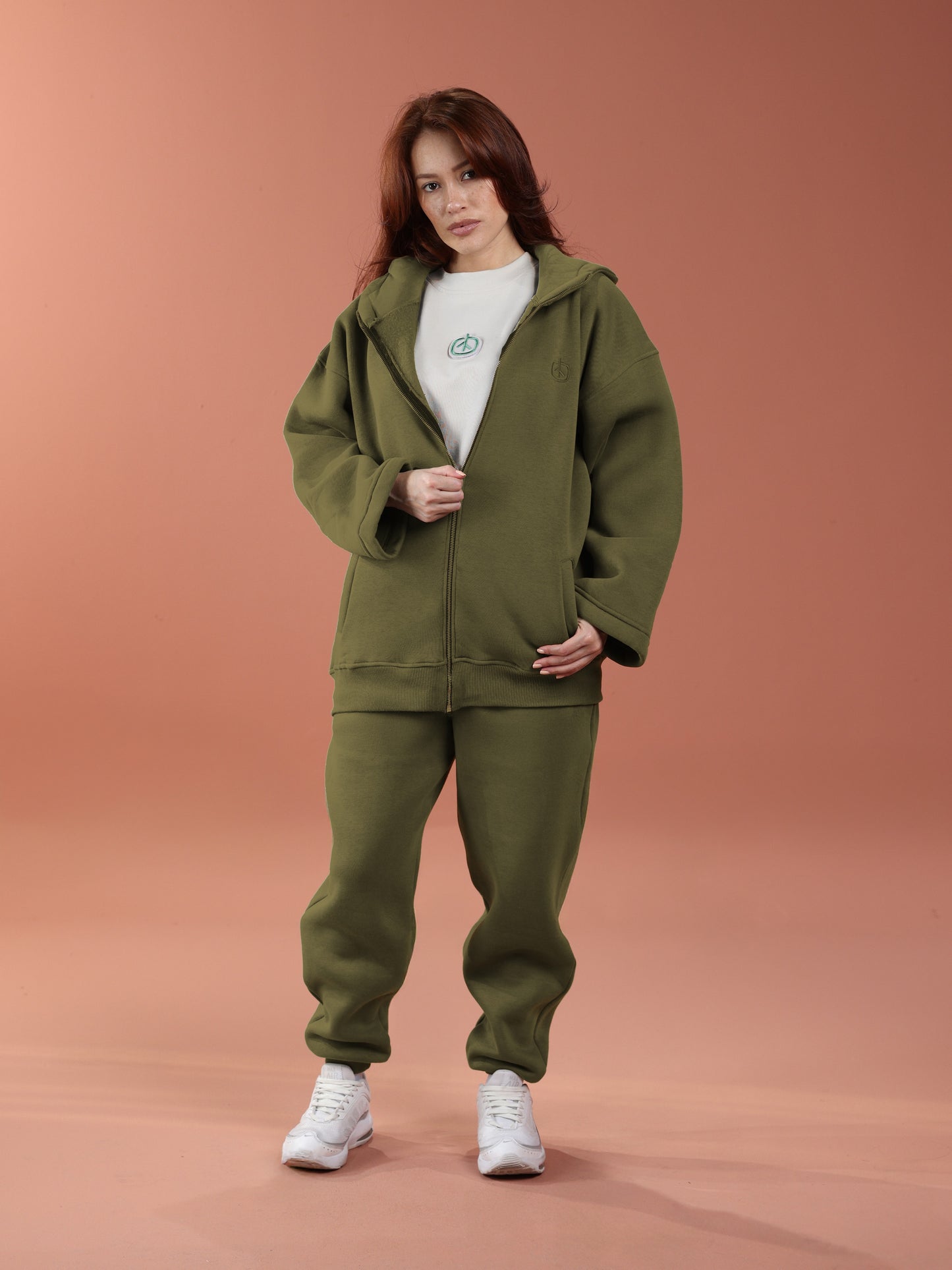 Oversized Zip Up Hoodie - Women Olive Green