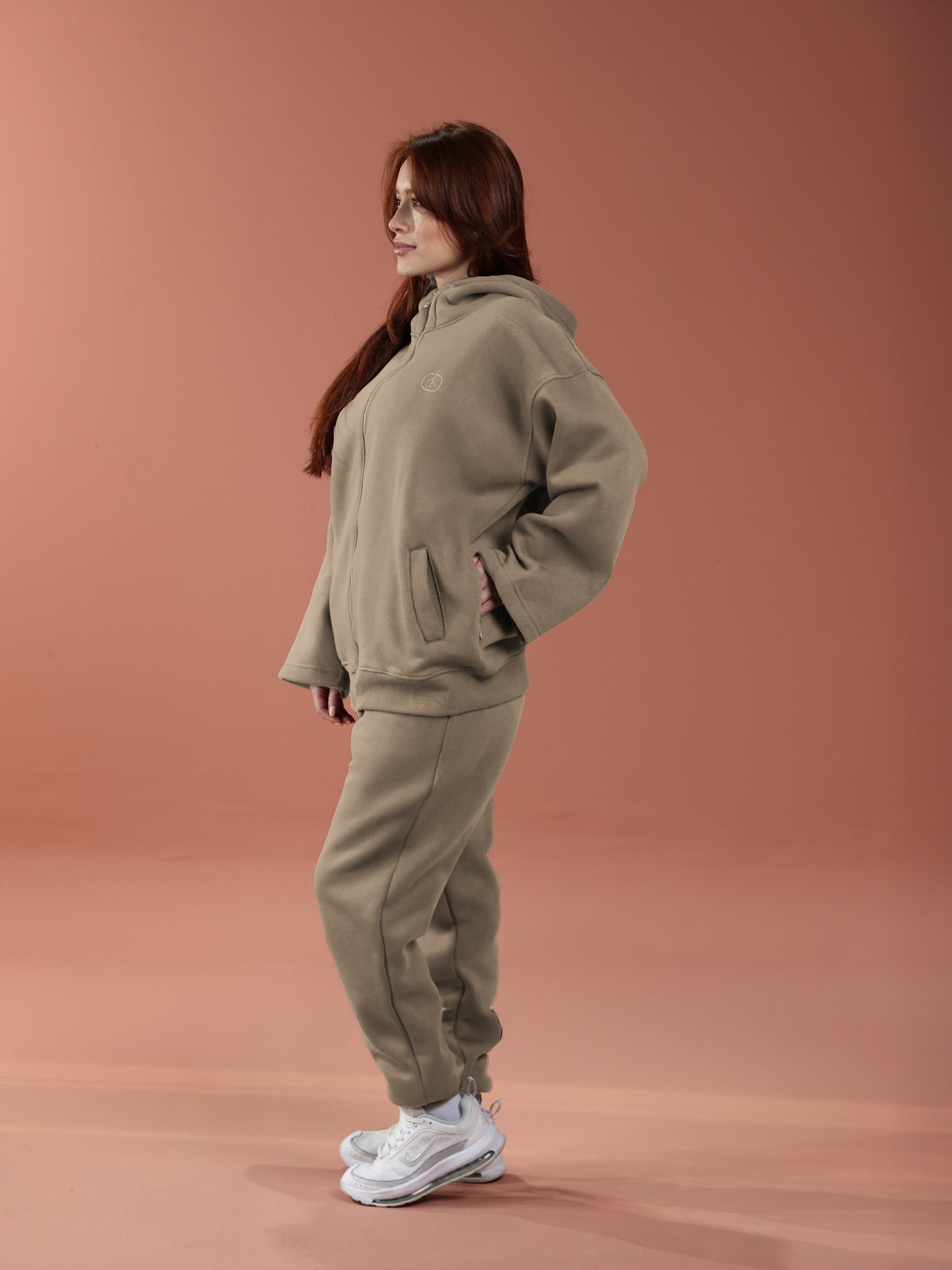 Oversized Zip Up Hoodie - Women Mushroom Beige