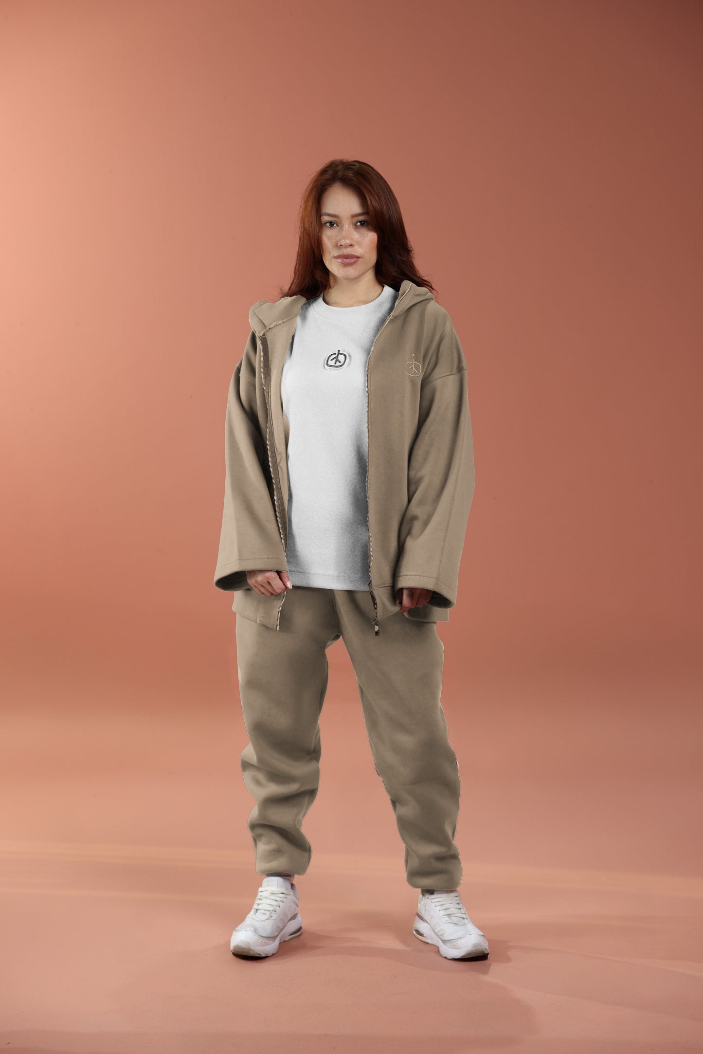 Oversized Zip Up Hoodie - Women Mushroom Beige
