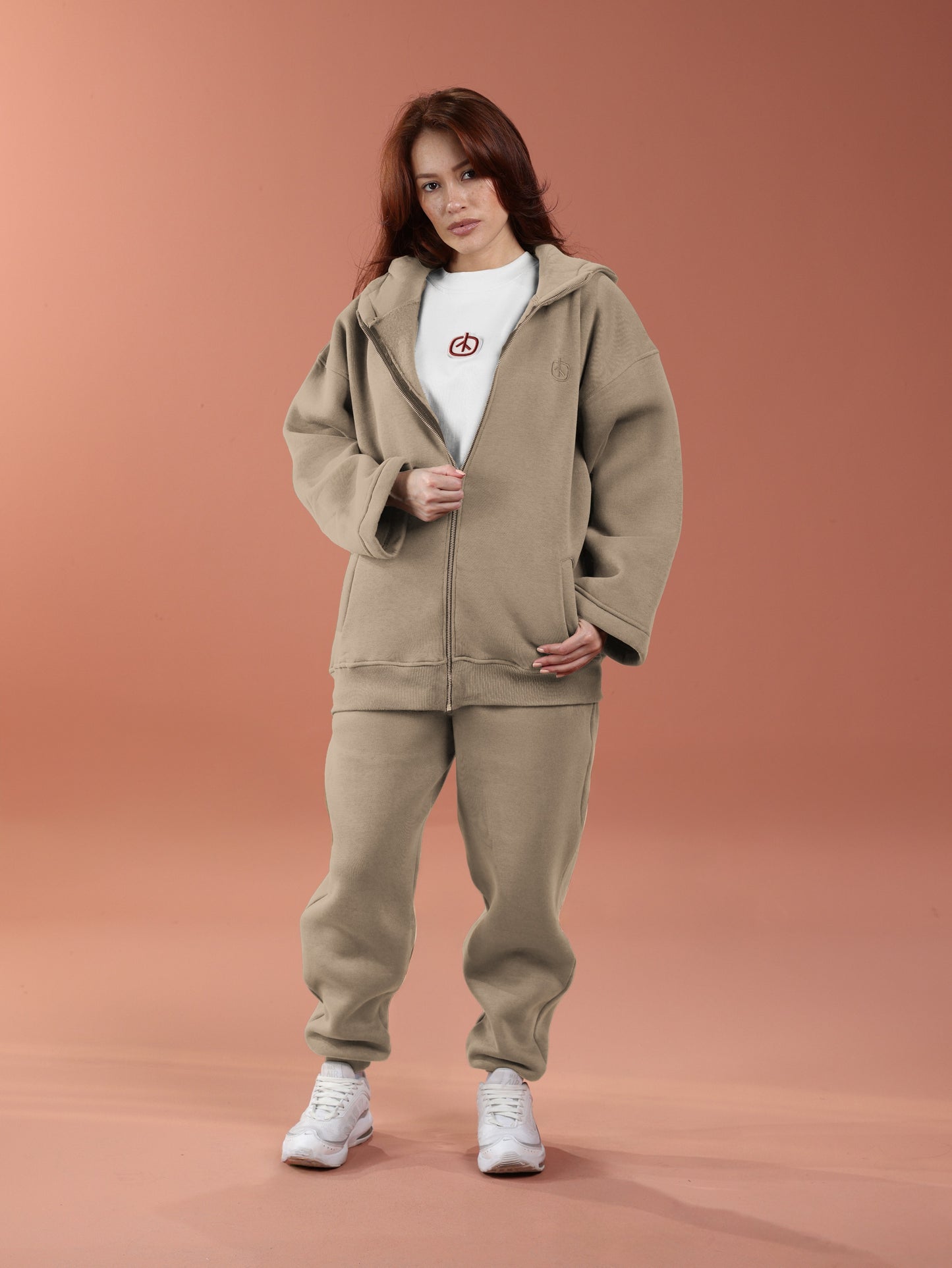Oversized Zip Up Hoodie - Women Mushroom Beige