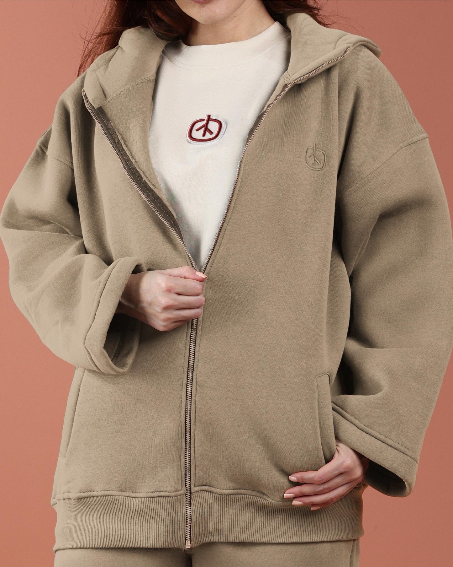 Oversized Zip Up Hoodie - Women Mushroom Beige