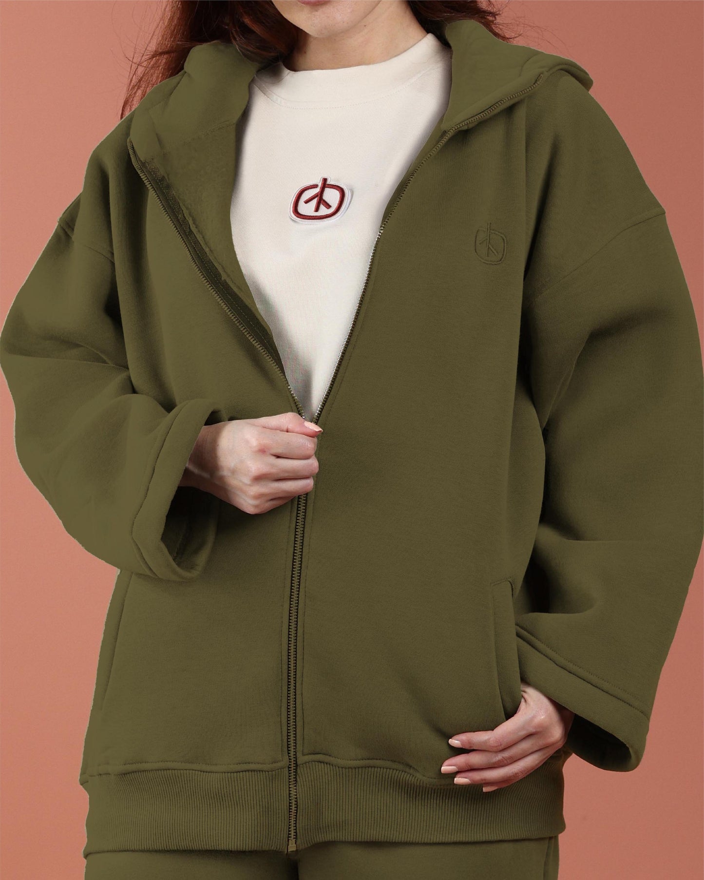Oversized Zip Up Hoodie - Women Olive Green