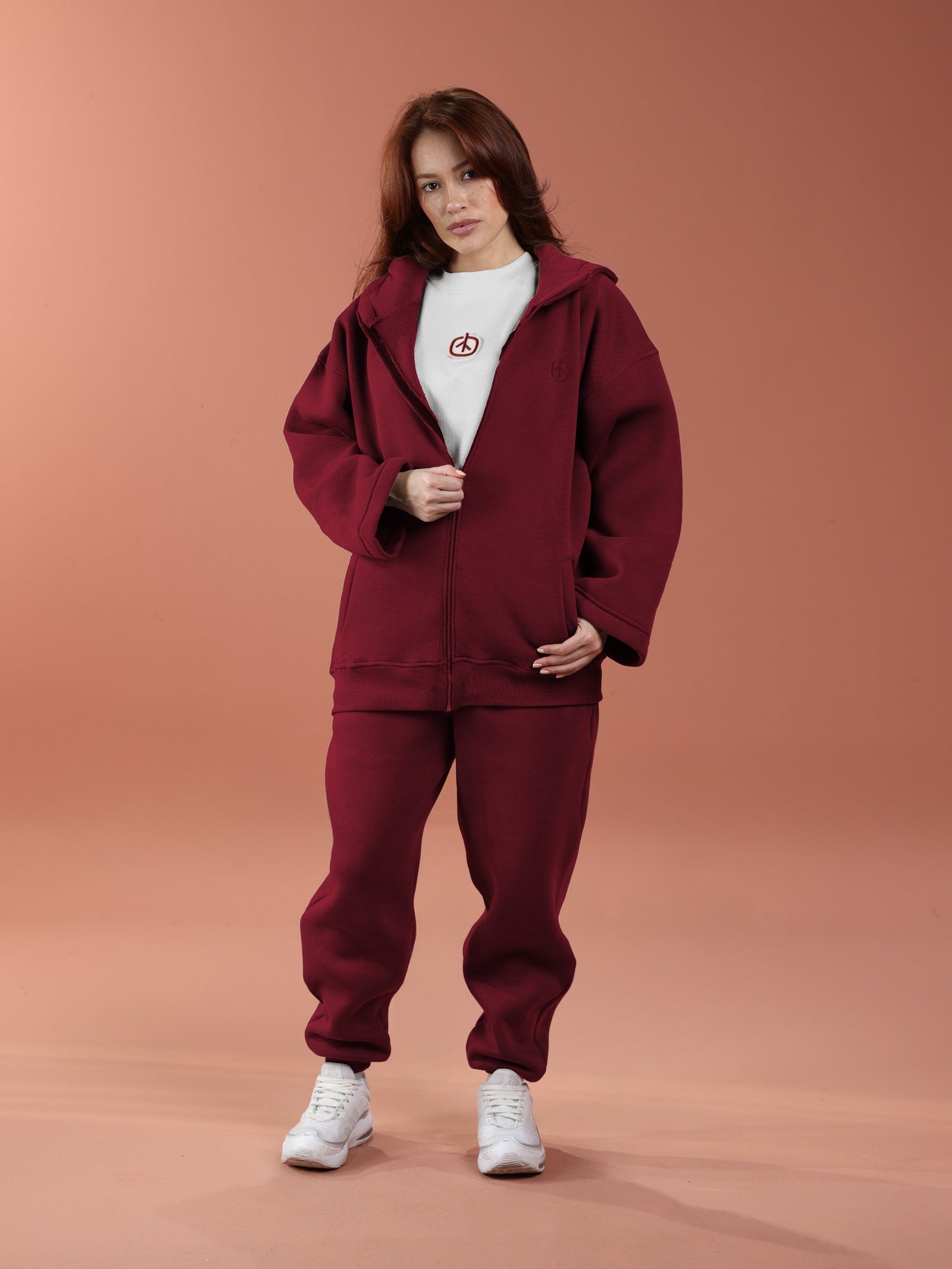 Oversized Zip Up Hoodie - Women Burgundy