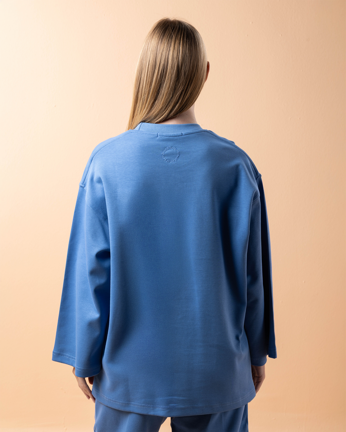 Women’s long sleeves oversized azure blue T-shirt with patch UK